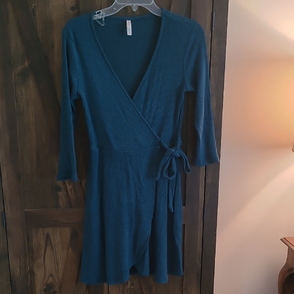 Xhilaration Teal Wrap Dress V-Neck 3/4 Sleeve Casual